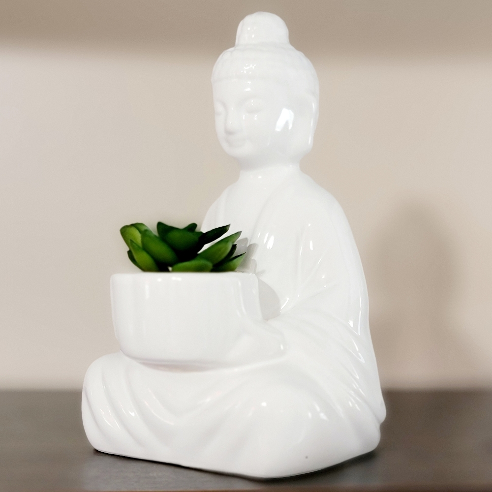 ♡Medium White Ceramic Buddha Statue, Figurine with Faux Succulent 9" x 5"